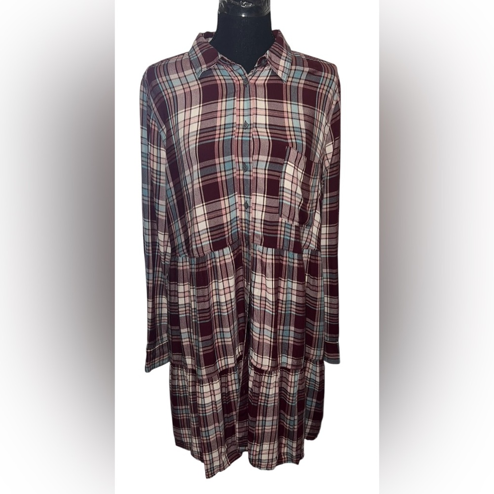 LOFT Ann Taylor Womens Dress Sz Large Shirt Style Button Up Tiered Purple Plaid